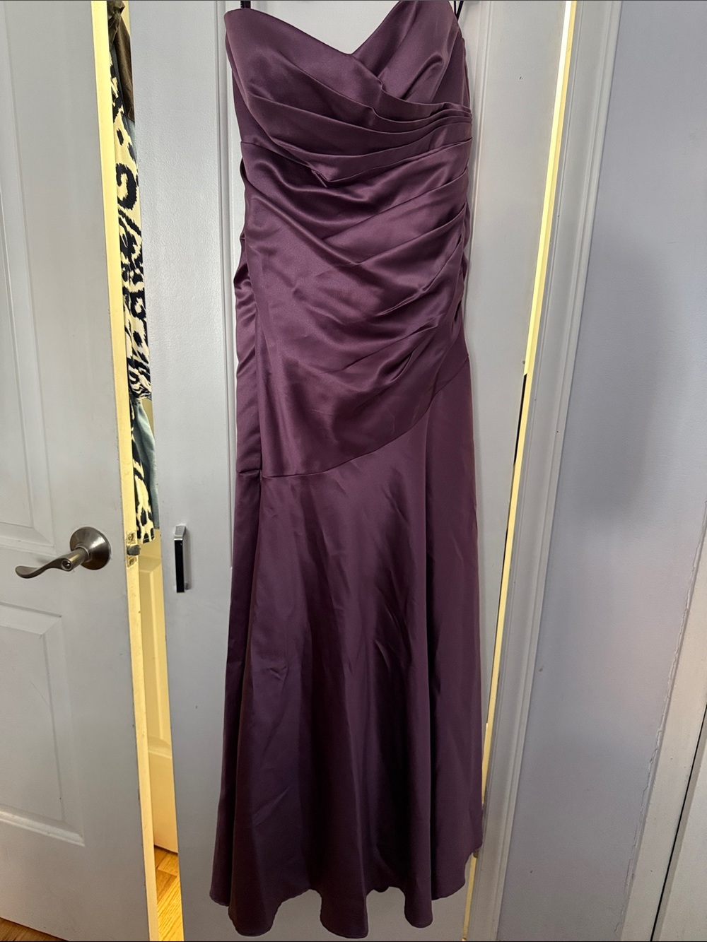 Dessy Collection Plum Ruched Satin Prom Gown Bridesmaids Gown